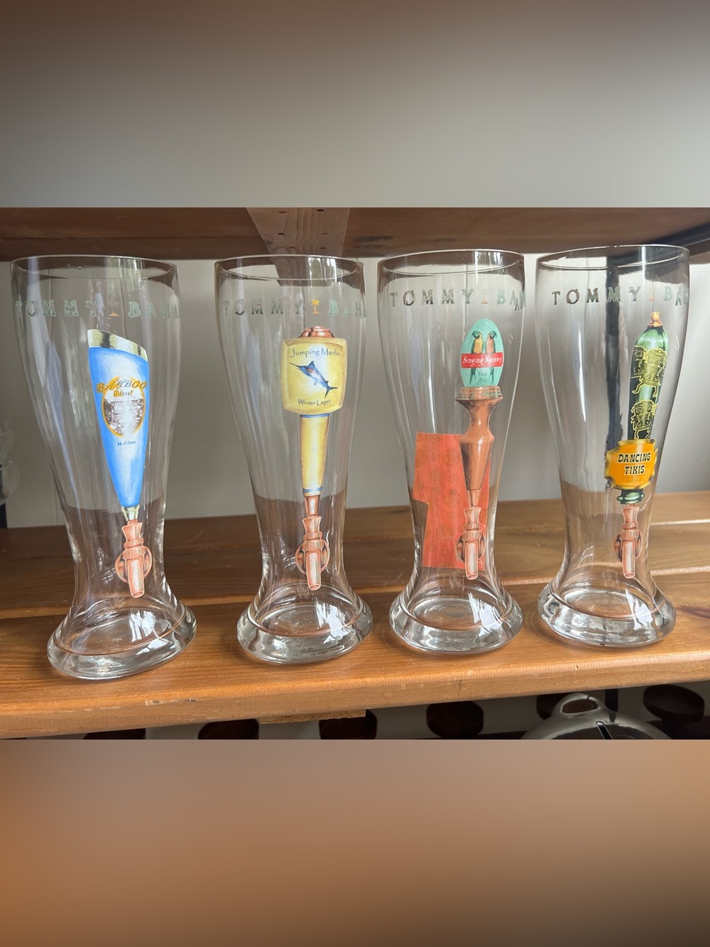 Tommy Bahama Pilsner Glasses with Colorful Tap Handles (Set of 4). Retired set.